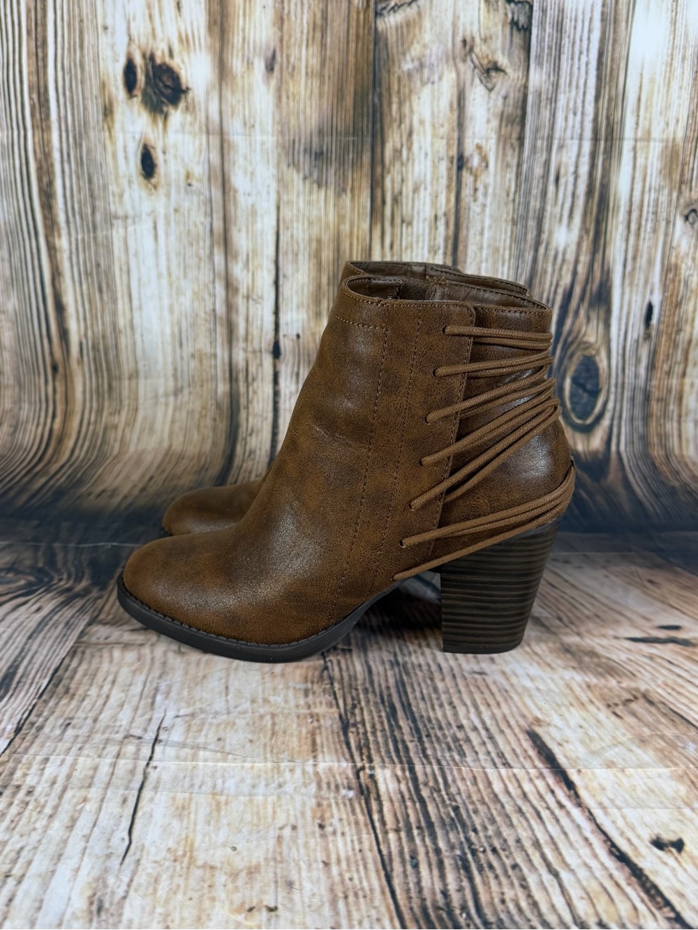 Candie’s Brown Strappy Lace-Up Block Heel Ankle Boots Y2K Women’s 7 Boho Western